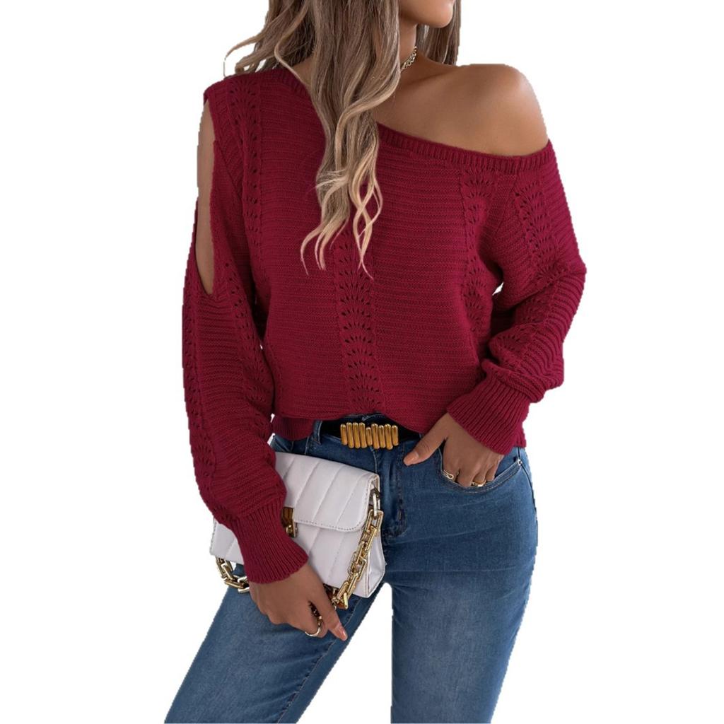 Women's Casual Solid-color Hollowed-out Off-the-shoulder Long-sleeved Pullover Sweater for Autumn and Winter