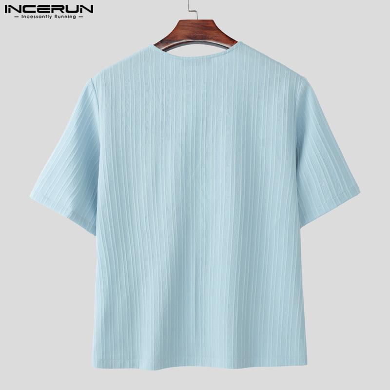 INCERUN Conjuntos de dos piezas para hombre con camisa de manga corta con textura y cuello en V y pantalones largos rectos