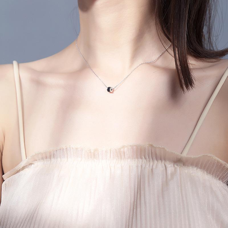 Japanese Korean Simple Black Zircon Necklace Temperament Mini Round Bean Pendant Short Collarbone Choker Women'S Accessories