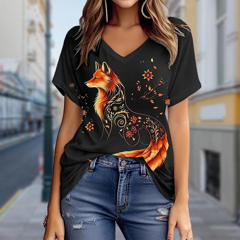 Fashion Fox Printing Blouses Short Sleeve V-Neck T Shirts Casual