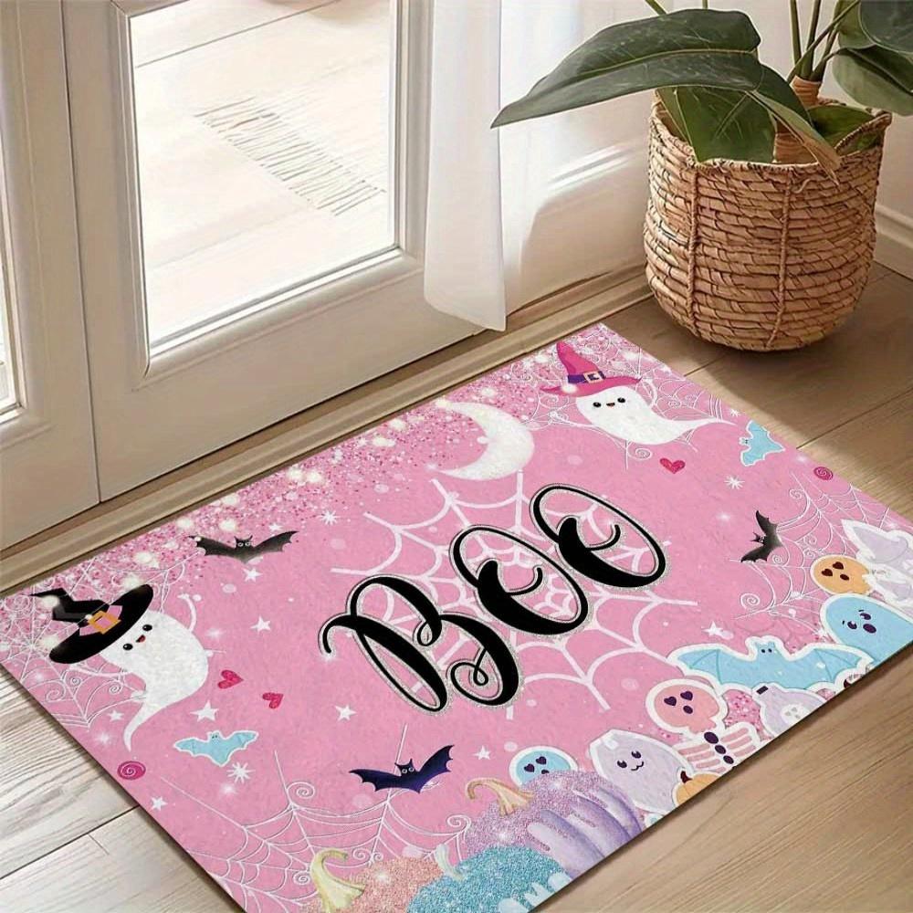 1pc Pink Halloween Rug BOO Spider Web Ghost 3D Print Non-slip Rug Entrance Door Mat for Home Living Room Bedroom Halloween Decor