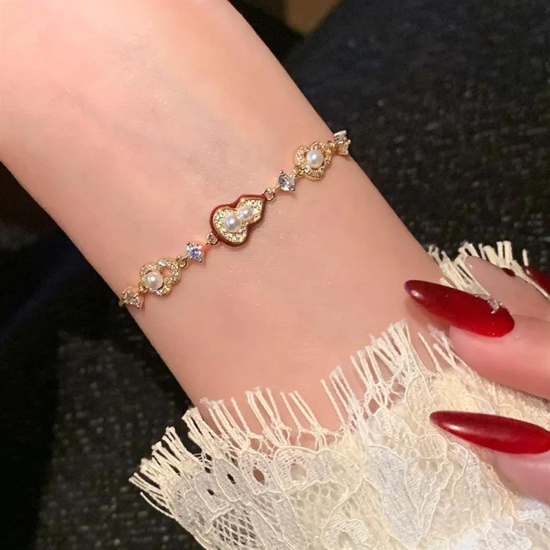 K Genuine Gold Electroplated Zircon Pearl Gourd Bracelet New Chinese Elegant Temperament Bracelet Light Luxury High-End Jewelry
