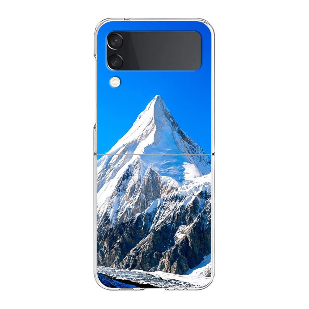 Transparent Phone Case For Samsung Galaxy Z Flip 3 4 5 6 7 Hard Folding PC Z Flip3 Flip4 Cover Mountain Peaks Landscape