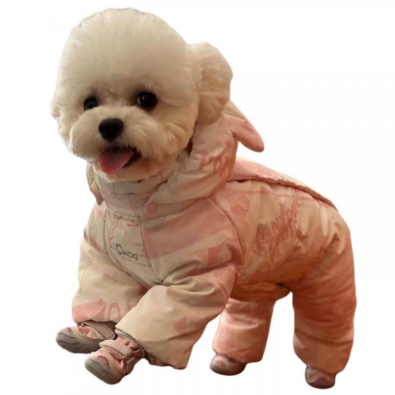 Warm Winter Dog Jumpsuit Teddy Bichon Frise Four-Legged Thermal Coat With Built-in Leash Loop