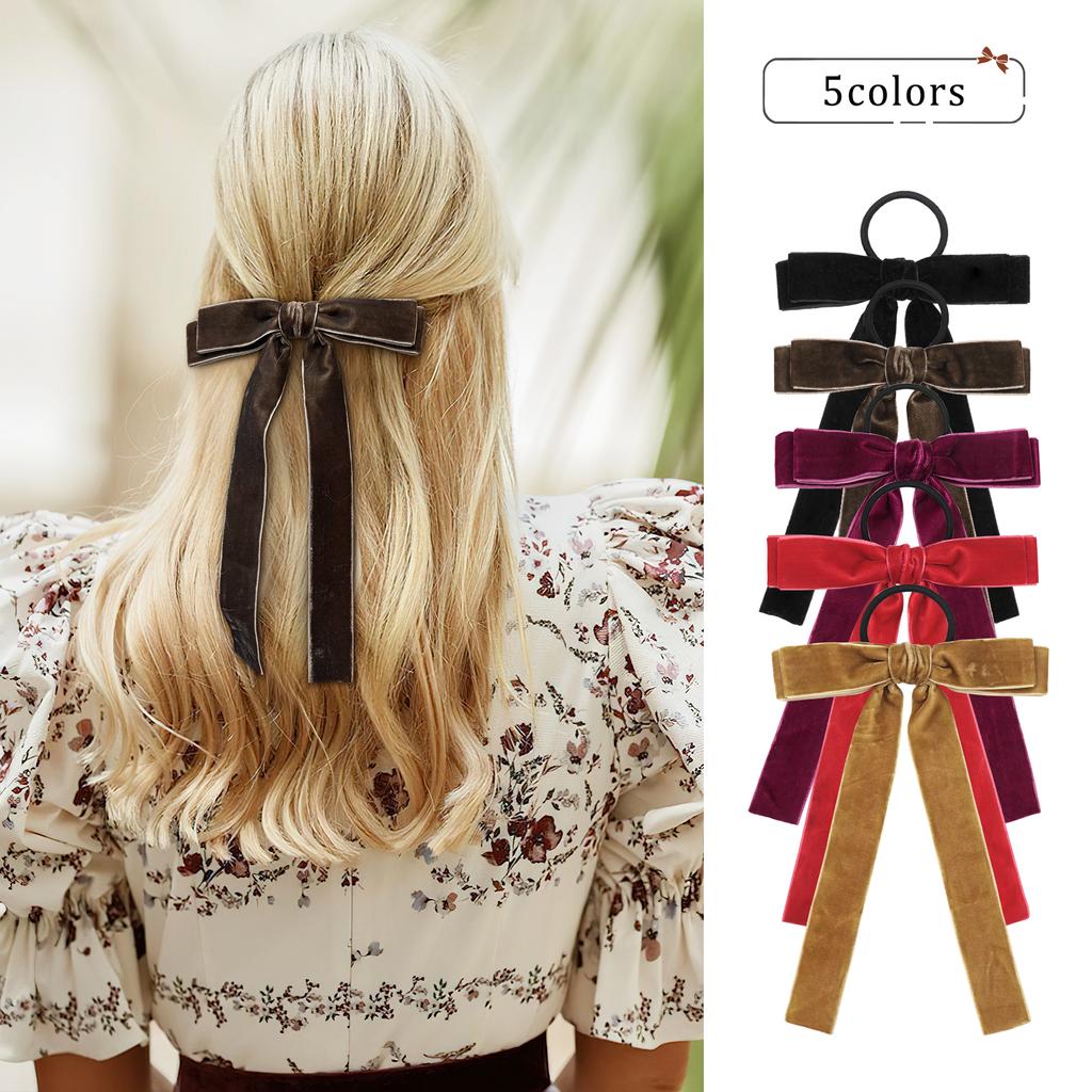 5Pcs Velvet Cheer Bow Large Big Bow Hair Ring Knotted Cheer Bow Women Ponytail Hair Ties Solid Color Rubber Band Hair Accessorie