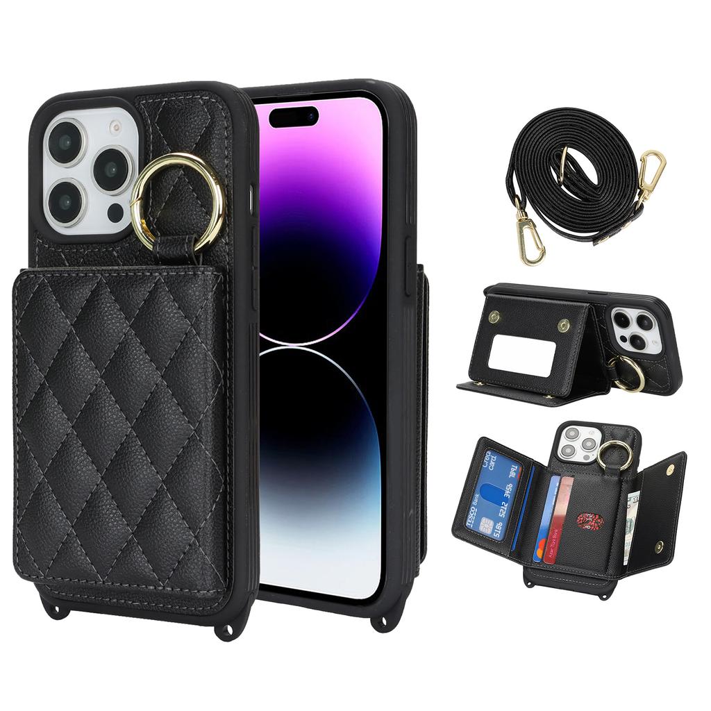 For iPhone 14 Pro Case with Lanyard/Mirror/Card Holder Grids Pattern RFID Blocking Phone Cover