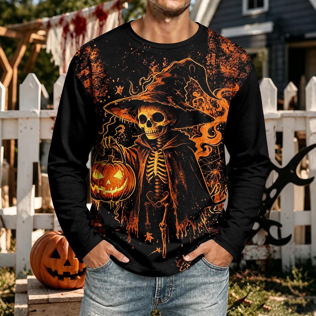 Men's Halloween Neck Long Sleeve Casual Shirt Comfortable Top for Holiday Party and Daily Wear