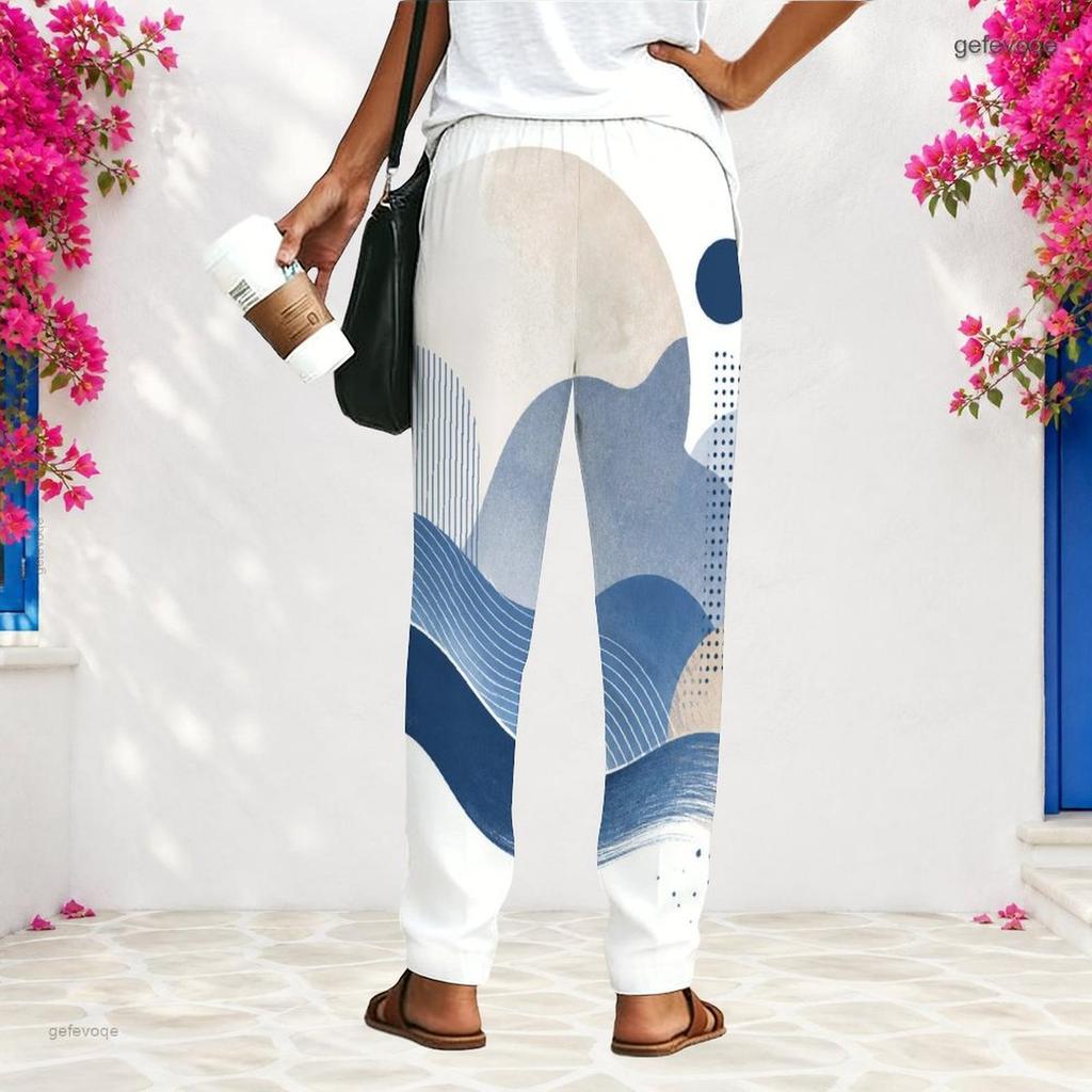 Women Plus Size Loose Straight Long Pants Blue White Printed With Pockets