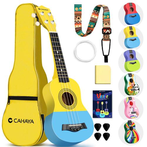 CAHAYA 21-inch Soprano Ukulele Beginner Set with Cartoon Pattern, Nylon Strings, and Linden Wood Finish. 3-Year Warranty. Includes 6-Piece Accessory S