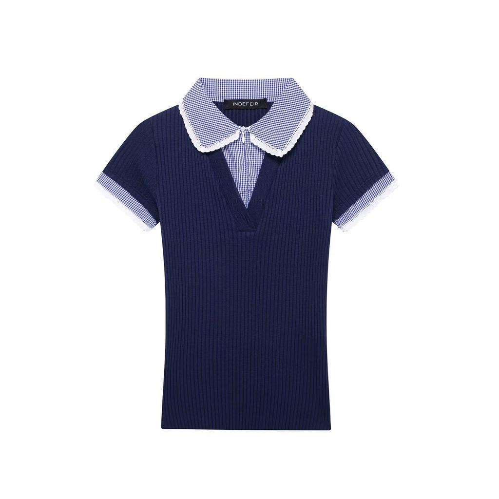 2025 European & American Style Women's Spring Ribbed T-Shirt with Turn-Down Collar