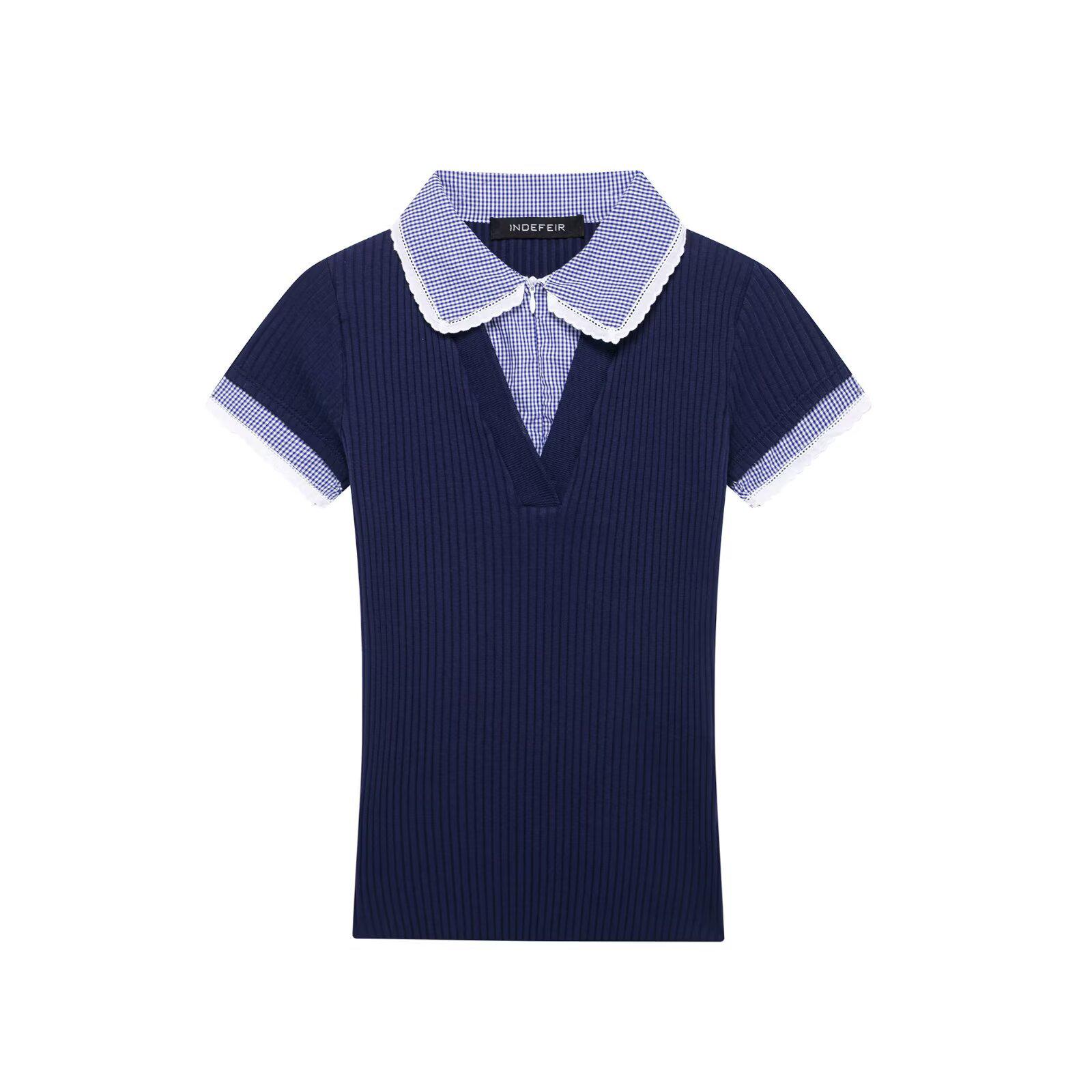 

Женская весенняя футболка в европейском и американском стиле 2025 года с рубчатой фактурой и отложным воротником Medium синий