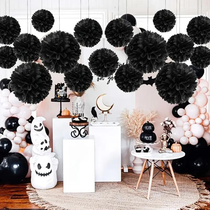 9 Pièces Décor Mural Noir pour Fête Décorations de Fête de Mariage Halloween Boule de Fleurs 3D Anniversaire Ensemble Boules de Fleurs en Papier Décoration de Maison