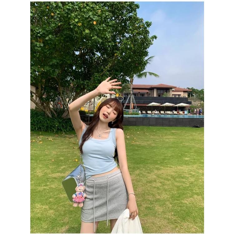 Milk Yellow Square Neck Tank Top for Women Wide Strap Slim Fit Sleeveless Vest Inner Layer Cover Armpit Fat