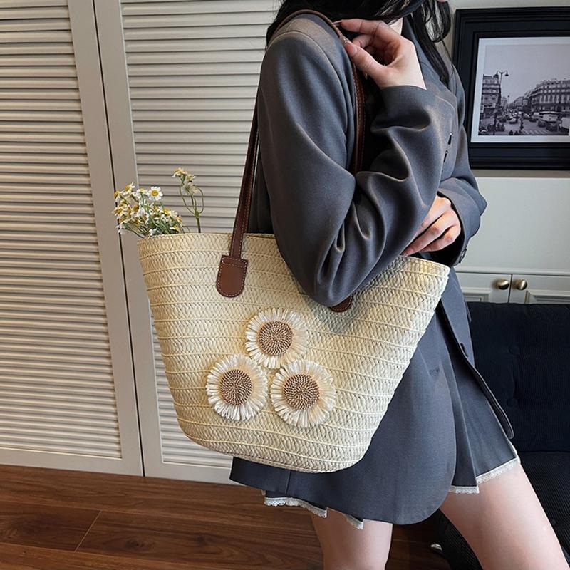 Yogodlns Damen Sommer Stroh Gewebt Große Kapazität Korb Schultertasche Handtaschen Mode Floral Dekor Luxus Designer Strand Bali Shopper Totes