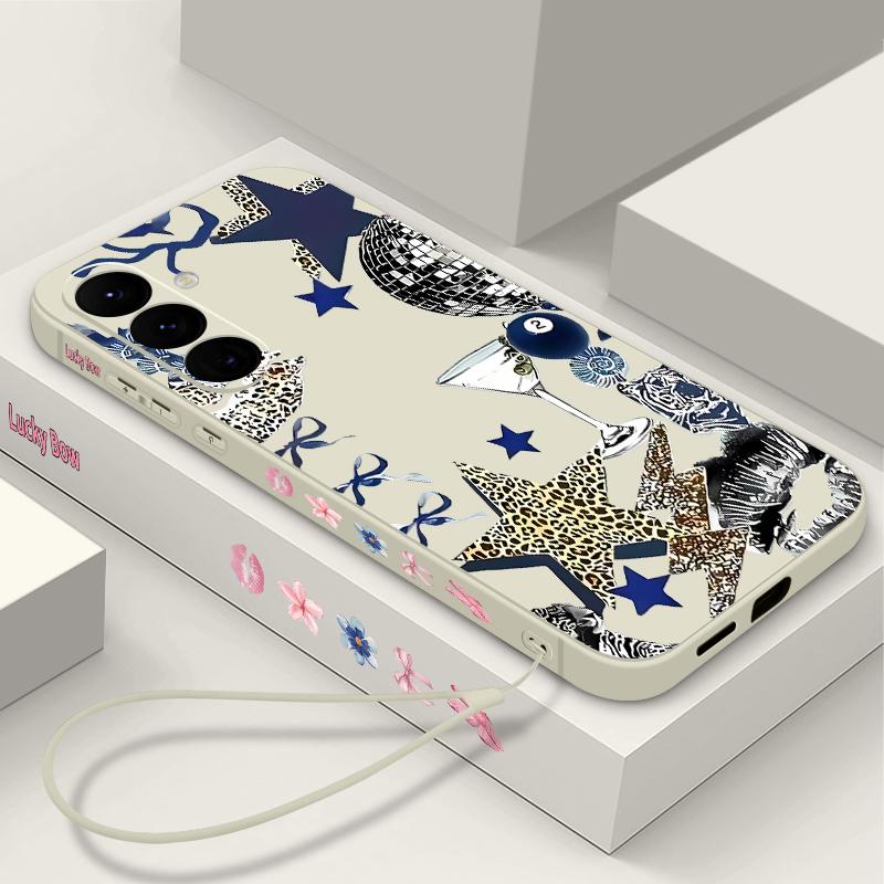 Leopard Star Patterned Phone Case For Samsung Galaxy A17 A56 A36 A55 A26 A16 A15 5G A25 A54 A14 A06 A34 Soft TPU Lanyard Cover