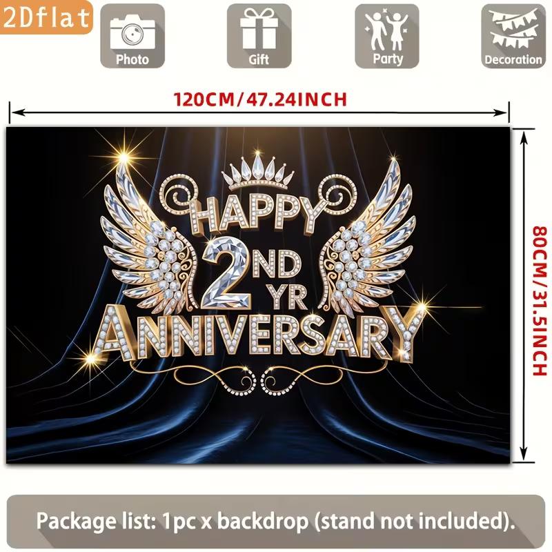 2D 2nd Anniversary Photography Backdrop Black Background with Diamond Wings and Crown