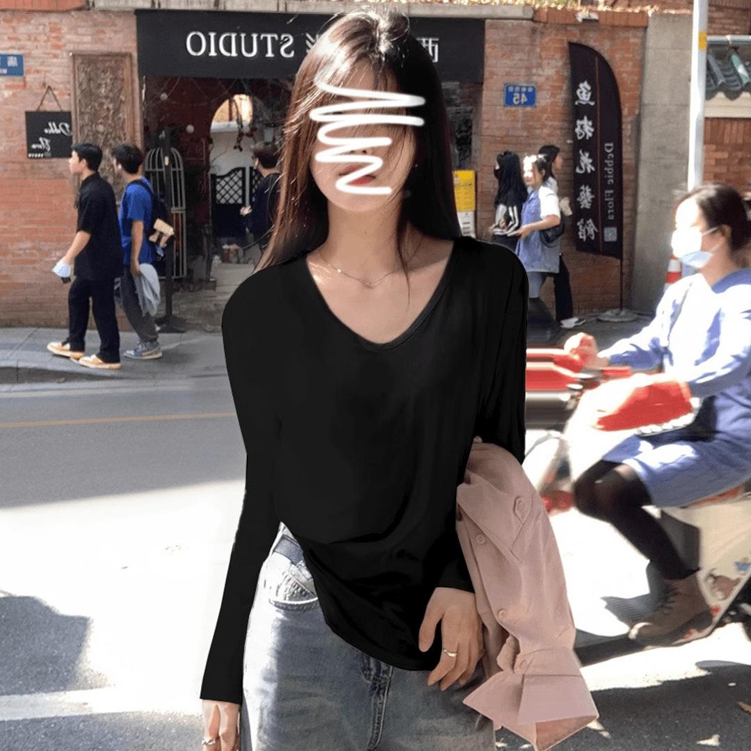 

Белая рубашка Pure desire с V-образным вырезом, футболка с длинными рукавами для женщин, ранняя осень, ленивая, свободная, повседневная, красивый внутренний базовый топ XL