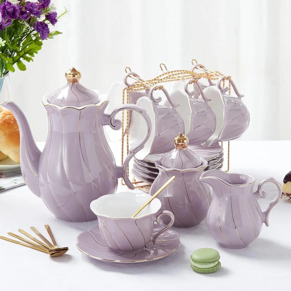 22 pcs Porcelain Tea Set for 6, Luxury British Style Tea/Coffee Cup Set with Golden Trim, Beautiful Tea Set for Women