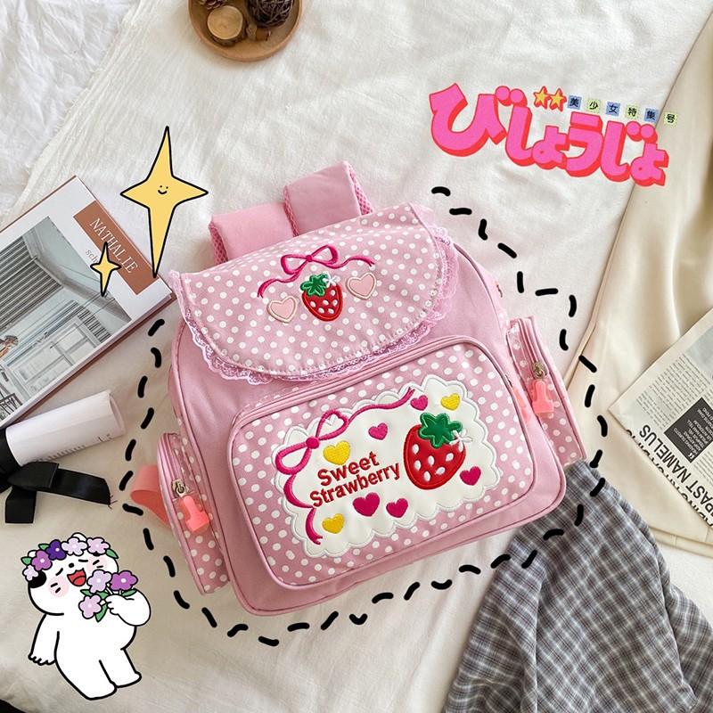 2026 New Japanese Cartoon Pink Backpack Book Bags Pink Girl Embroidery Strawberry Children's Schoolbag Student Birthday Gift