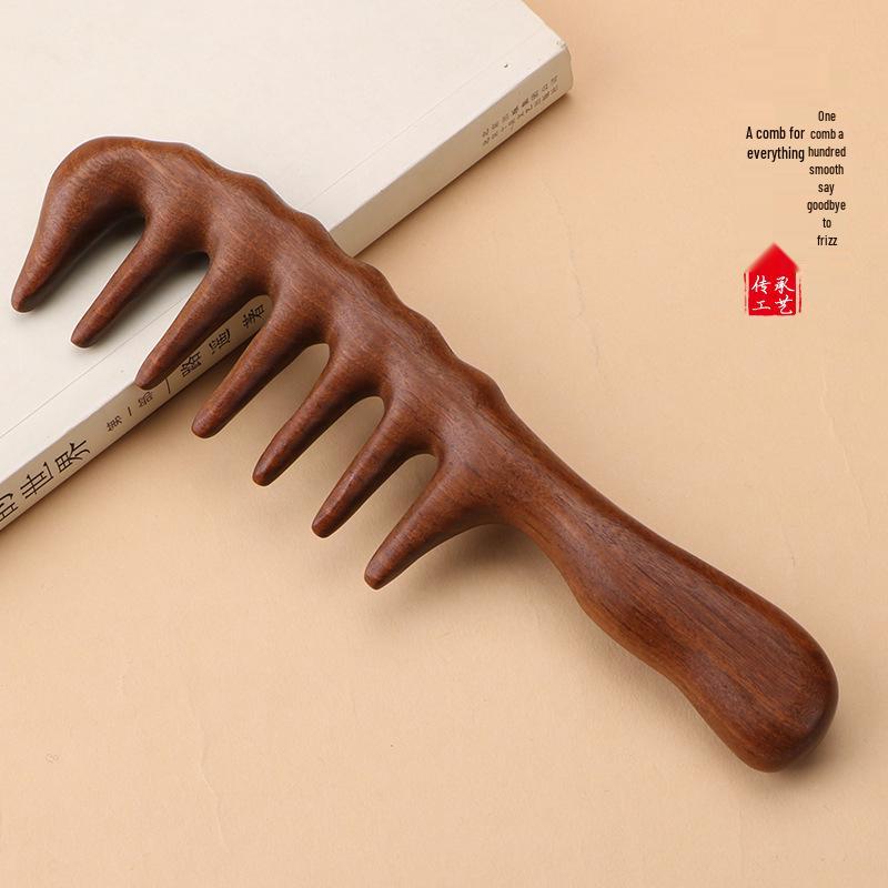 

Golden Sandalwood Wide-Tooth Massage Comb with Long Handle in Engraved Gift Box Set