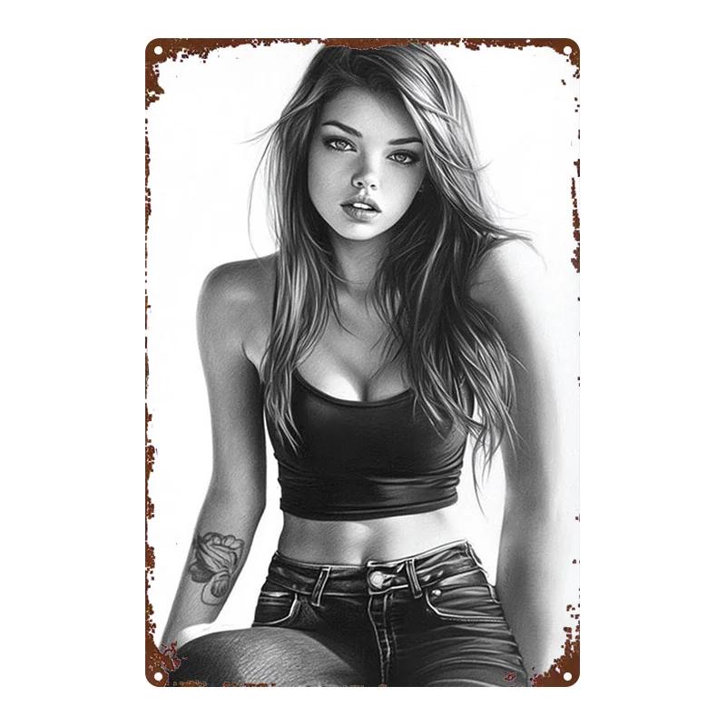 D Flat pc Metal Sign Fashionable Woman Black and White Sketch Painting Decorative Hanging Ornament Durable Metal Plaque S