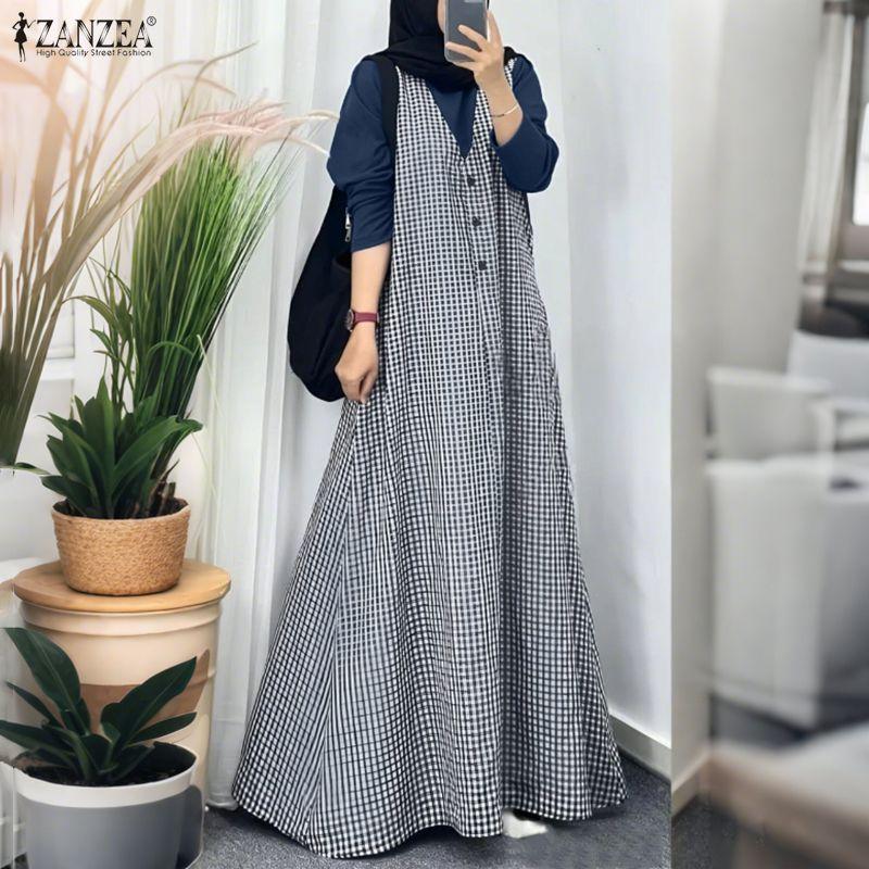 ZANZEA Women Casual Round Neck Long Sleeve Muslim Plaid Long Dress