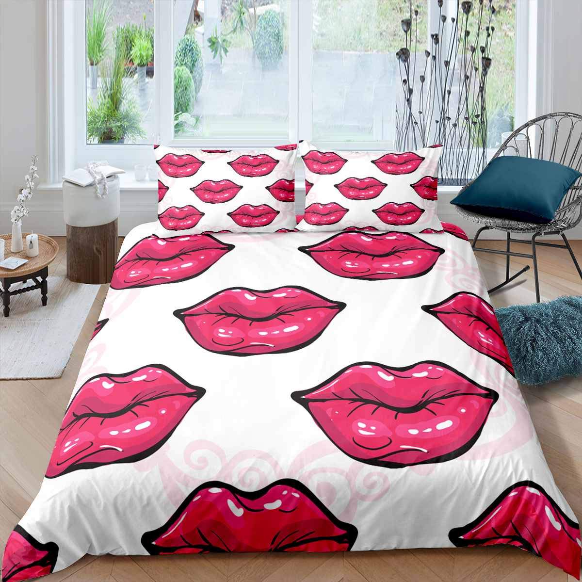 

Kiss Duvet Cover Red Lips Bedding Set for Kids Teens Feminine Ultra Soft Lipstick Print Sexy Mouth Pattern Soft Comforter Cover EU Single(135x200cm)