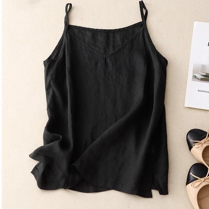 Female Summer Lightweight Cotton-Linen Layering V-Neck Spaghetti-Strap Tank Top: Sleeveless Cotton-Linen Boho-Style Top