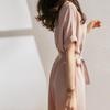 Elegant Mist Pink Lace A-Line Midi Dress with Short Sleeves for Spring & Summer