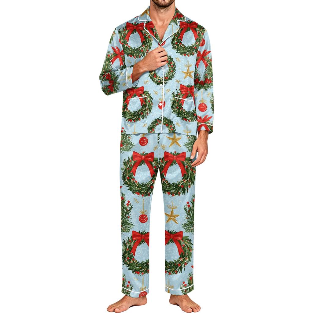 Men's Pajama Set Long Sleeve Button-Down Top and Pants Set for Home Sleepwear