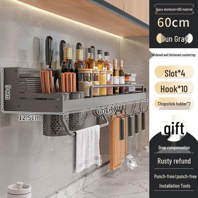 Punch-Free Aluminum Kitchen Wall Organizer: Multifunctional Rack for Utensils, Knives, Seasonings, and Chopsticks