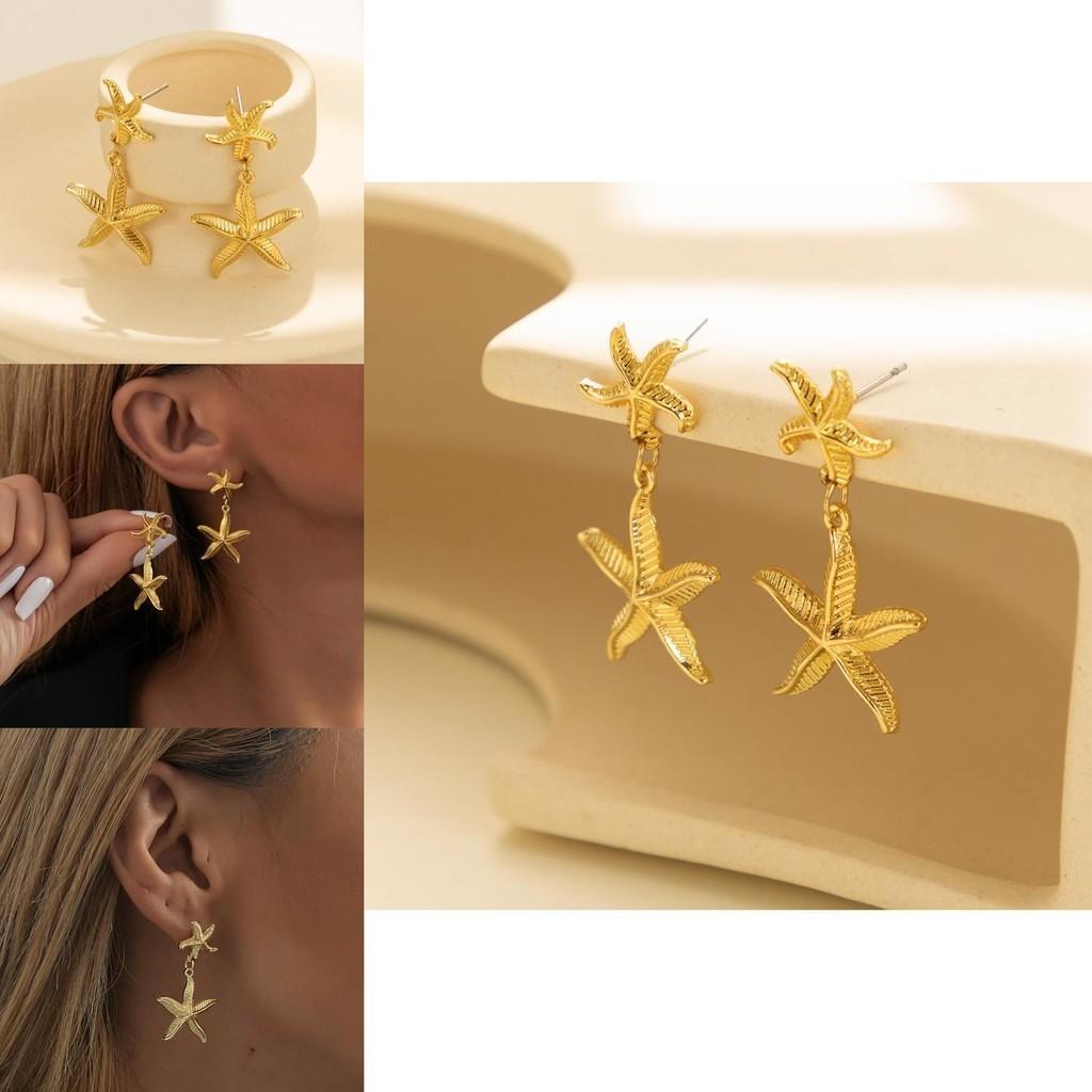 Trendy Gold Plated Starfish Earrings Stylish Gold Alloy Star Shape Earrings For Women For Autumn