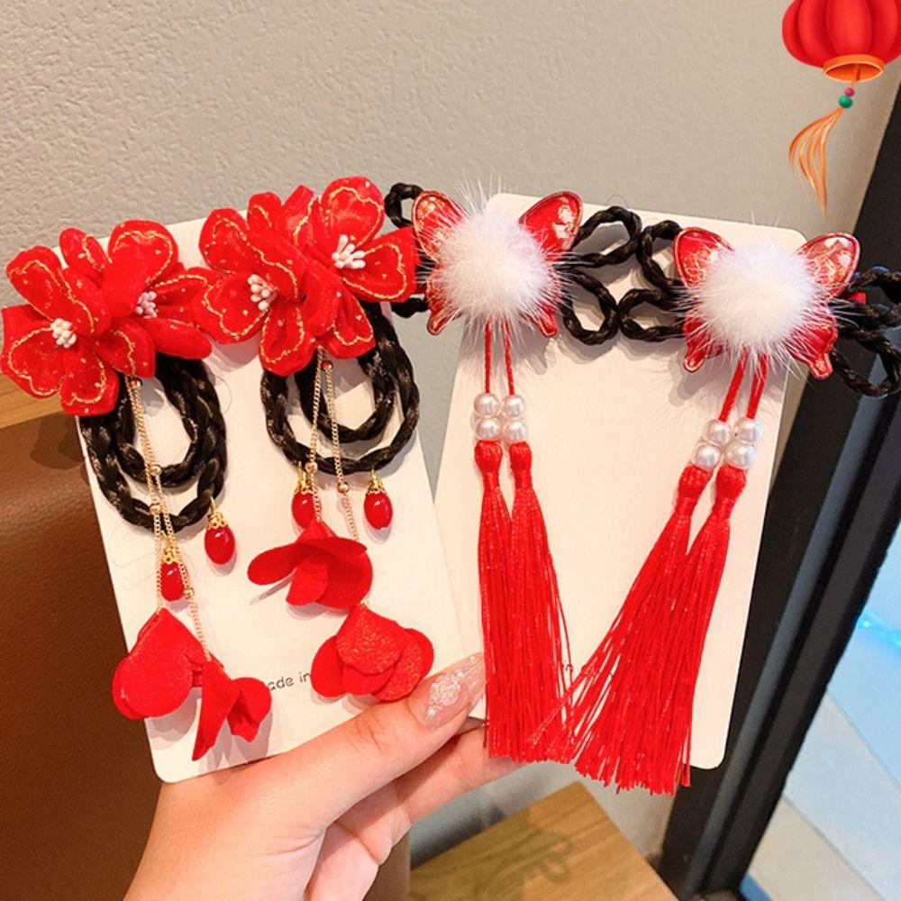 Tassel Chinese New Year Headwear Braid Hair Hanfu Hair Sticks Sweet Red Bow Hairpin Baby