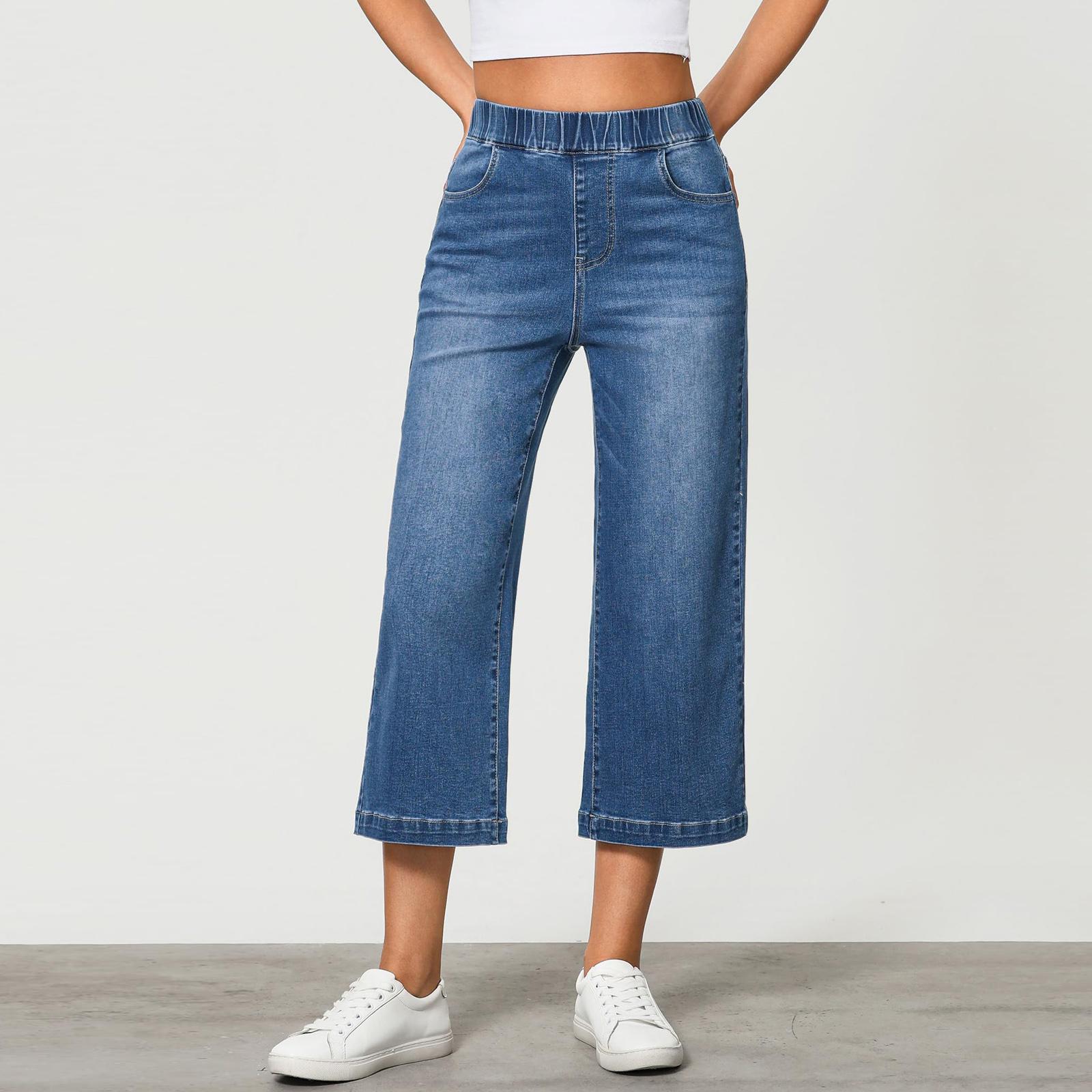 

Женские джинсы широкие брюки клёш повседневные с высокой посадкой прямые джинсовые брюки с карманами S синий