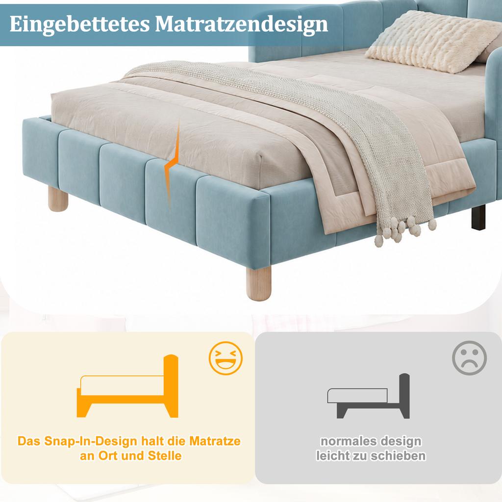 Upholstered Bed, Single Bed, Children's Bed 90 x 200cm, Bed with Upholstered Headboard and Fall Protection, Solid Wood Bed Legs, Velvet, Blue