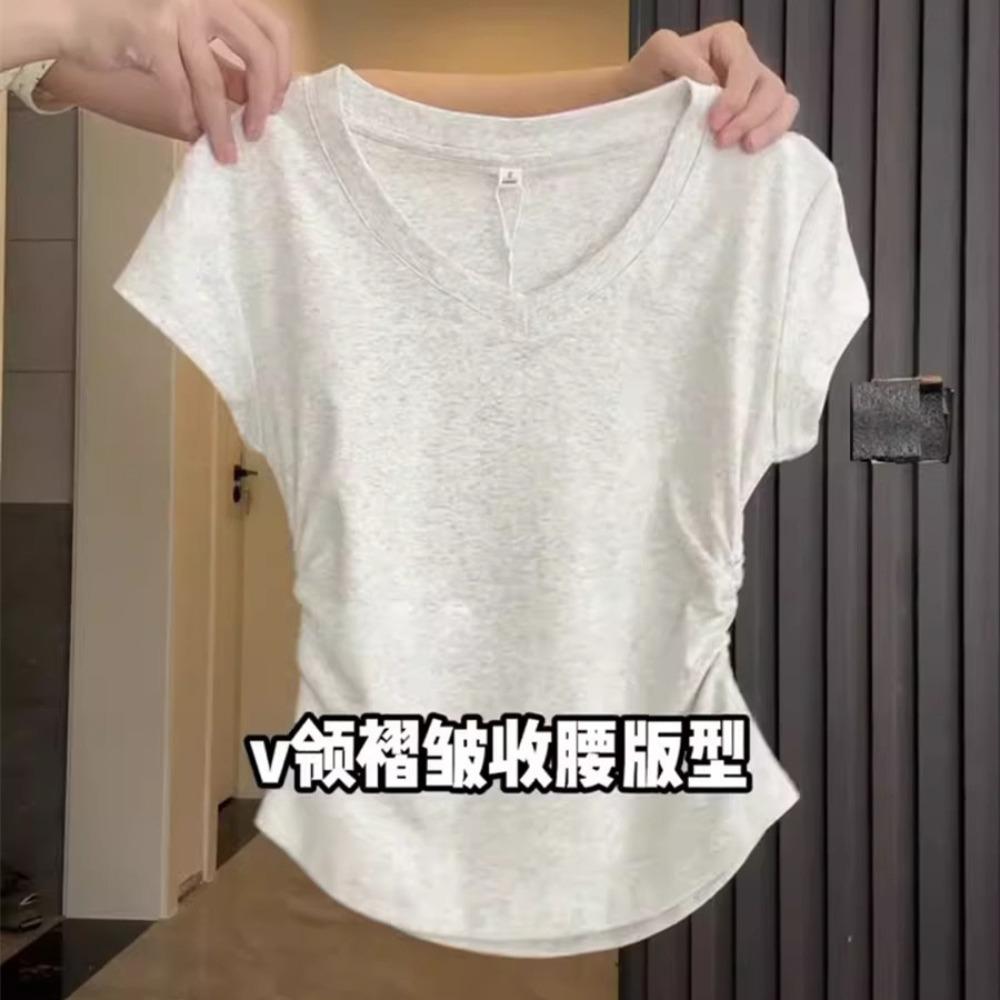 Women Cotton V-neck Short Sleeve T-shirt Slim Fitted Pleated Design Cropped Top Summer