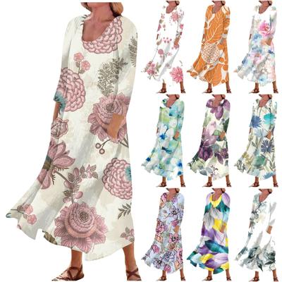 Women's Casual Comfortable Floral Print Three Quarter Sleeves Cotton Pocket Dress
