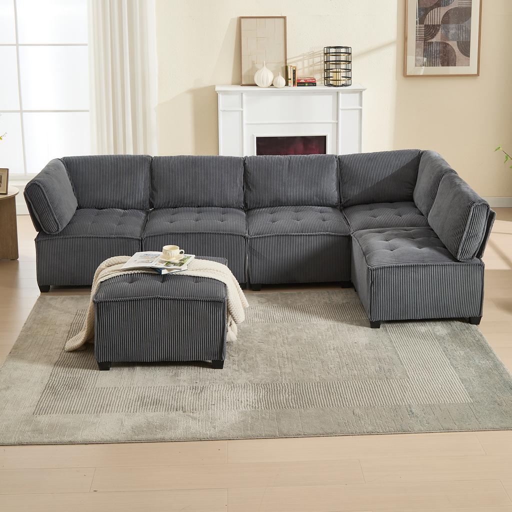 Modular 6-Seater Sofa, Corduroy, Ergonomic, Storage Pockets, Combinable As U-Shape/L-Shape/Sofa Bed, Wood and Metal Structure, Easy Assembly, Grey