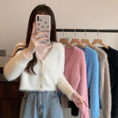 Sanfte Nachahmung Nerz Fleece Pullover Strickjacke Frauen Herbst und Winter Lose Weiche Klebrige V-ausschnitt Strickjacke Mantel Pullover Frauen