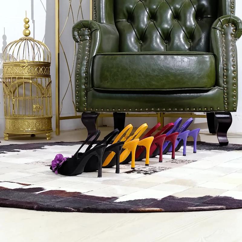 Fashion European Banquet Hollowed-Out Tripod Strap Pointed Toe Slim Heels High Heels Color-Blocked Flowers Light Mouth Single Shoes