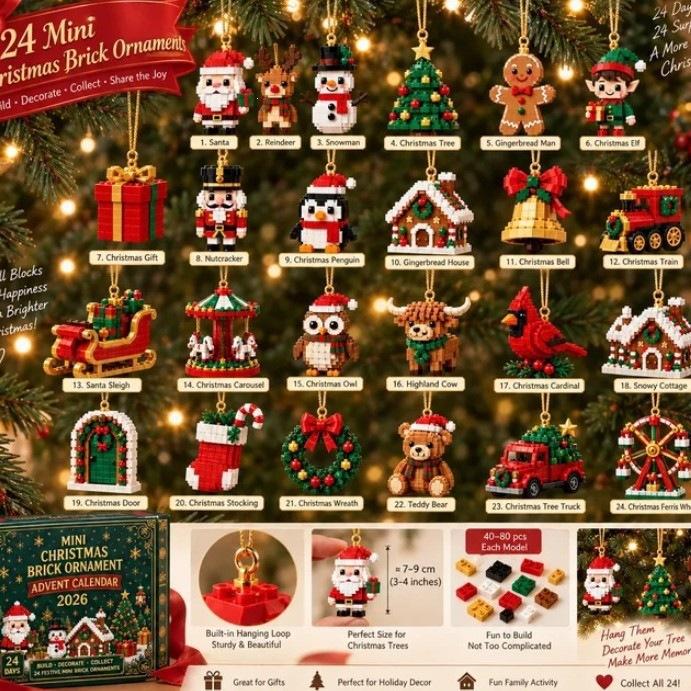 24-Day Christmas Brick Advent Calendar,Portable Mini Buildable Ornaments with Hanging Loops,Xmas Countdown Gift
