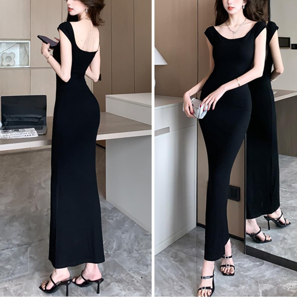 BEYANE Long Cabaret Tight Petite Party Stretch Club Cute Ribbed Maxi Length Dress, Dress, Off-the-Shoulder, Fit, Dress, Black, Long, Off-the-Shoulder,