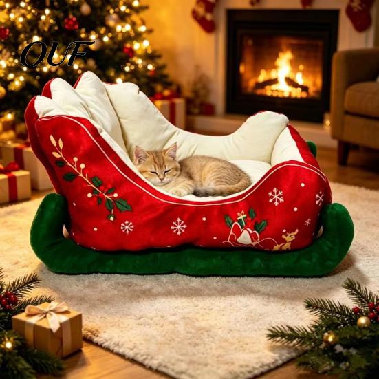 Durable Cat Nest Christmas Sleigh Shaped Pet Bed, Cozy Holiday Dog Sofa Anti?Slip Base Furniture Soft Cushion, Washable Sleeping Bed for Small