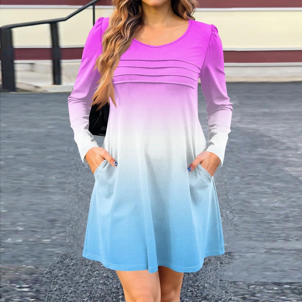 Women's Long Sleeve Dress Fall Casual T Shirt Loose Fit Pleated Front Dresses With Pockets