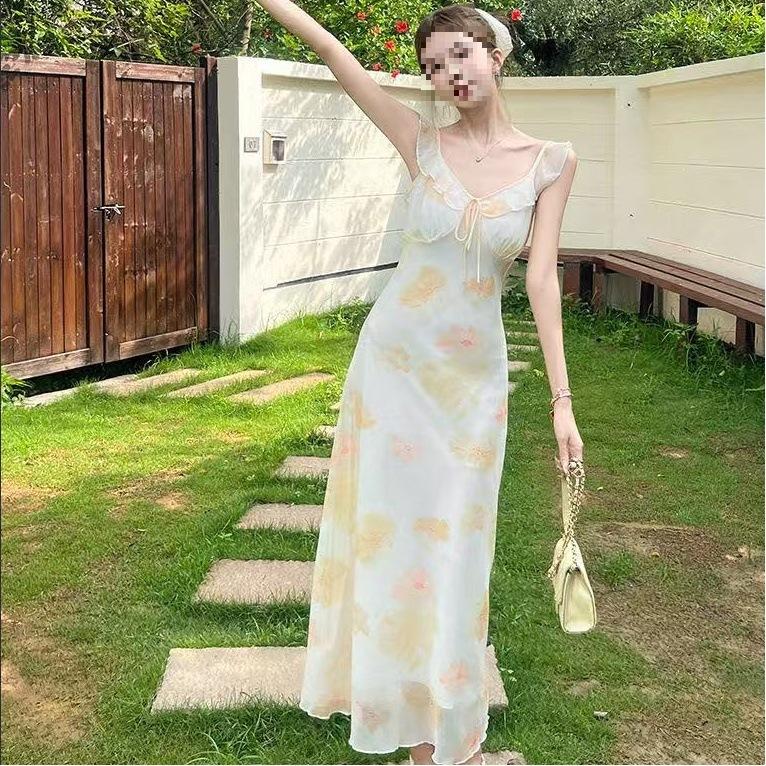 Summer Is Especially Beautiful, Long Summer, French V-neck Floral Dress, Waist and Thin Long Dress, Women's Skirt