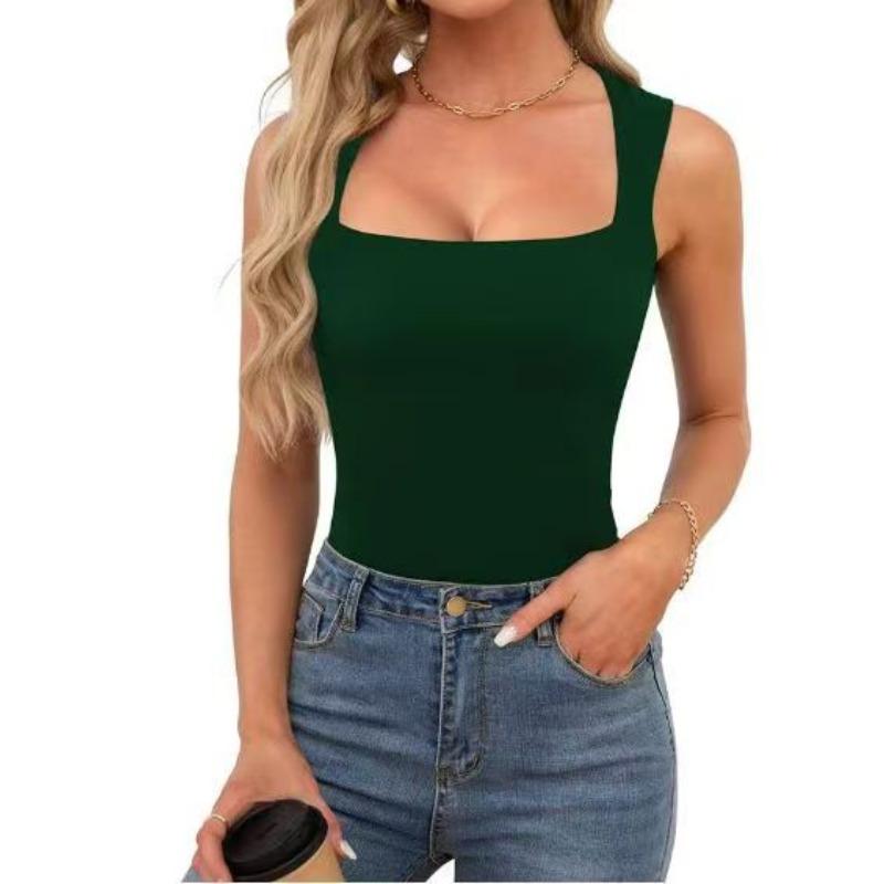 New Summer New Women's Square Neck Sleeveless Double Tank Top Basic Tights Black