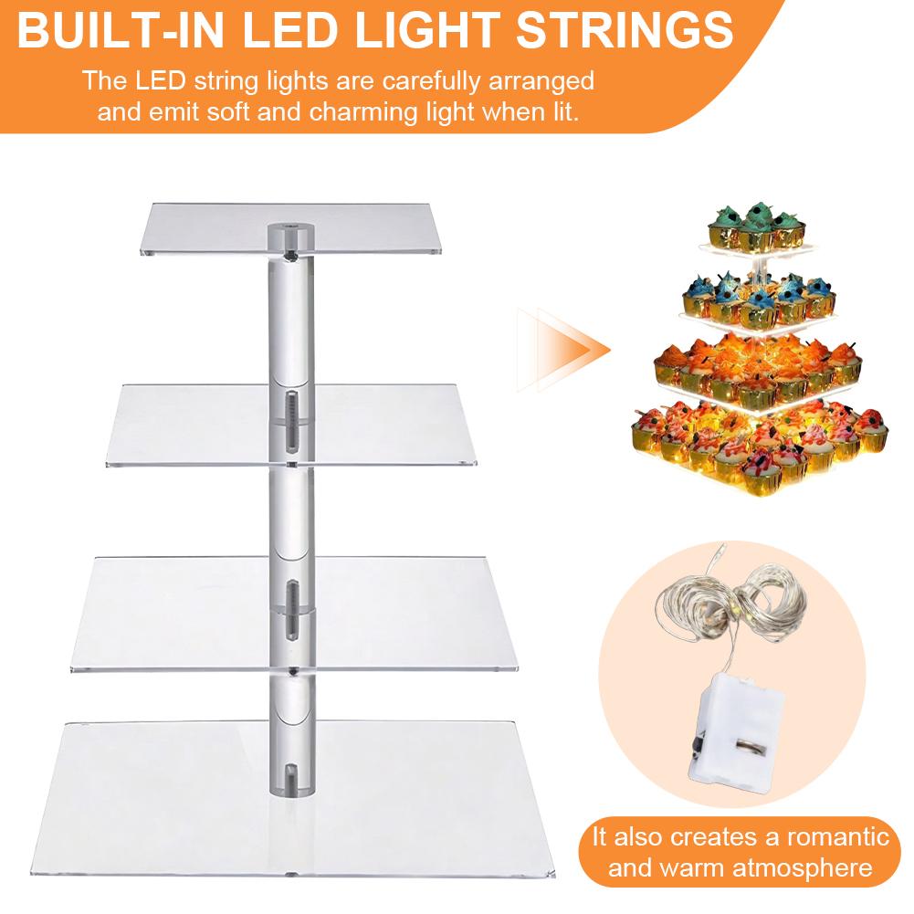 3/4 Tier Acrylic Cupcake Display Stand with LED Light Square Display Stand Multifunctional Cake Serving Platter for Party Decor