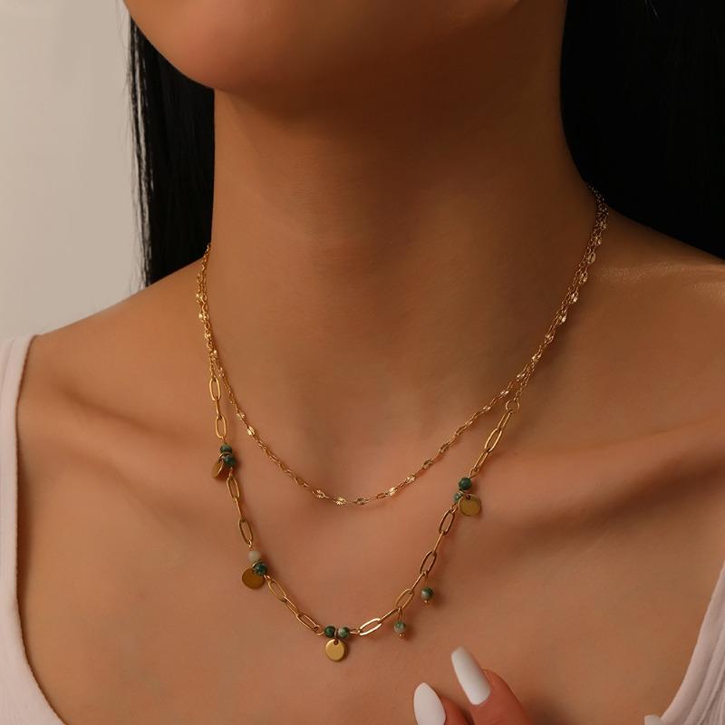 Gold Green Bead Disc Layered Necklace for Women