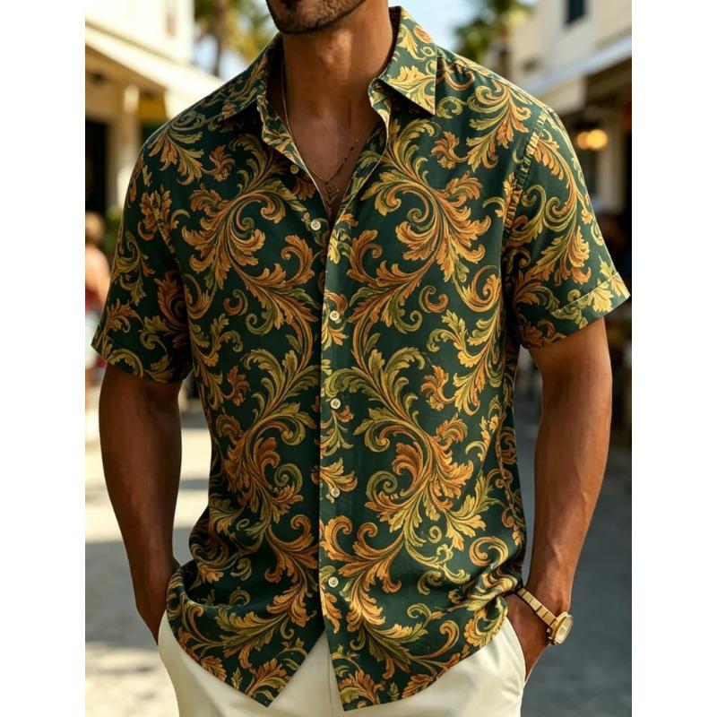 Exotic Bohemian Floral Short-sleeved Shirt, Men's Casual Top, Vintage Resort Style, Personalized Street Wear