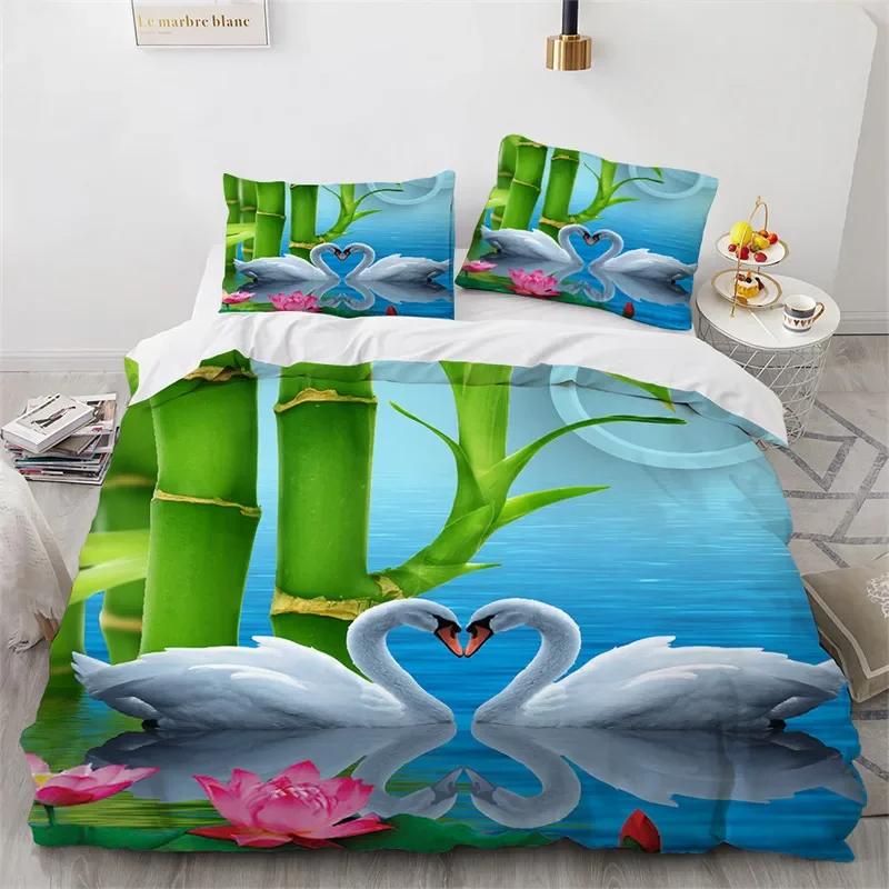 Couple Swan Duvet Cover King Queen For Girls Teen Room Decor Microfiber Romantic Flower Bedding Set Wild Animals Comforter Cover